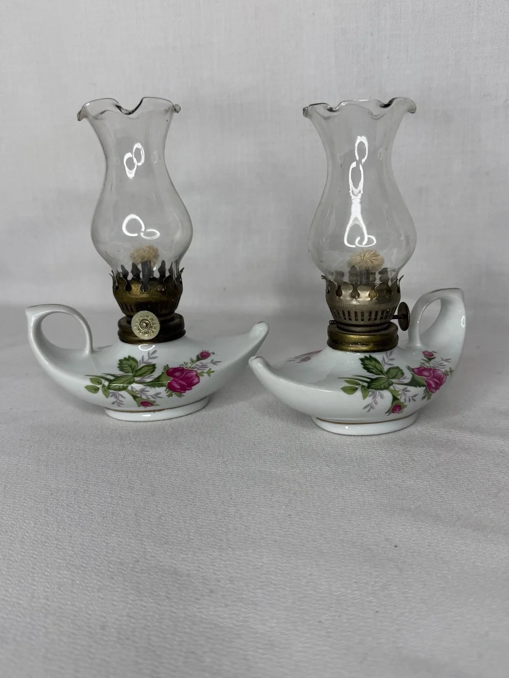Aladdin Oil Lamps Moss Rose Ceramic Glass Hurricane Globes 6”